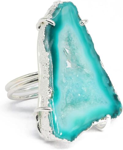 Geode Quartz Slice Druzy Crystal Quartz Gemstone Prong Setting Silver Rings for Women Sonr Size 30-40mm Approximately in Kuwait