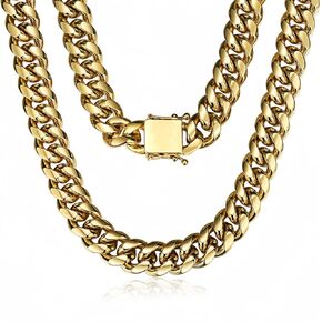 ROWIN&CO Mens 15mm Miami Cuban Link Chain 18k Gold Stainless Steel Curb Necklace for Men & Women, Hip Hop Jewelry, Available in 18"-30", Cuban Gold Chains, Includes Gift Box