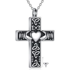 KQF Celtic Cremation Jewelry for Ashes 925 Sterling Silver Irish Claddagh Urn Pendant Irish Keepsake Cross Necklace Gifts for Men Women