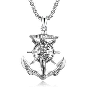 Anchor Necklace for Men Sterling Silver Anchor Pendant with Jesus Necklace Nautical Necklace Anchor Jewelry Gift for Men Women