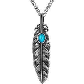 Mens Turquoise Feather Necklace Titanium Steel Vintage Silver Simple Punk Gothic Emo Fashion Hippie Long Leaf Pendant Necklace Jewelry Gift for