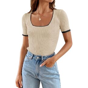 ZESICA Women's Short Sleeve Square Neck Color Block T Shirt 2025 Summer Slim Fit Ribbed Knit Basic Tee Tops