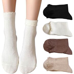 zrylibya Women Cute Ruffle Frilly Turn Cuff Ankle Socks Scalloped Pointelle Solid Casual Crew Socks 4 Pairs