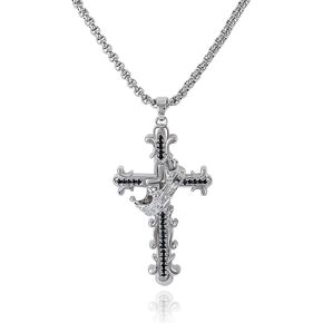 Silver Cross Pendant Necklace for Men with Crown Gothic Punk Cross Necklace 14K White Gold Plated Cross Necklace with Black Cubic Zirconia Adjustable Wheat Chain Religious Jewelry Gift for Men