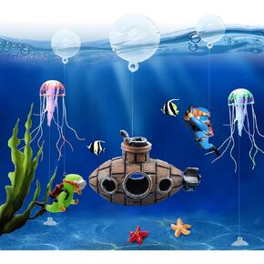 BEZALEL Fish Tank Decorations - 12Pcs Floating Fish Tank Decorations Fish Tank Decor Includes Flotating Diver Fake Jellyfish Decorations Starfish & Submarine - Floating Aquarium Decorations