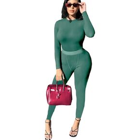 Casual Workout 2 Piece bodycon casual outfit Women Ribbed Set Long Sleeve Elastic Leggings LoungeWear activewear
