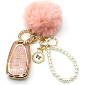 Compatible with Chevy Key Fob Cover with Pom Pom Keychain for Women 5 Buttons