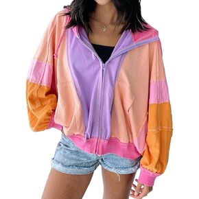 Womens Color Block Zip Up Hoodie Cotton Long Sleeve Oversized Sweatshirts with Pockets