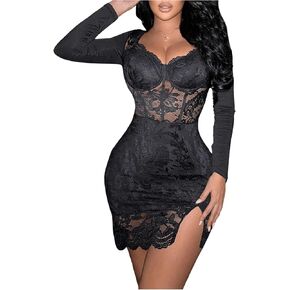 SOLY HUX Women's Lace Sheer Bodycon Mini Dresses Long Sleeve Sexy Club Night Out Party Dress