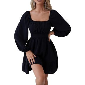 SweatyRocks Women's Basic Long Puff Sleeve Square Neck Ruffle Mini A Line Dress