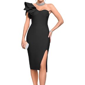 houstil Women's One Shoulder Bandage Wedding Guest Dress Side Split Bodycon Midi Cocktail Party Club Dresses