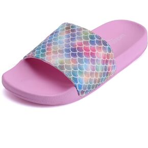 WateLves Girls Sandals Boys Slide Sandals Kids Summer Slippers Slip On Sandals for Outdoor Beach Pool Shower (Glitter Scales,30)