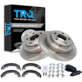TRQ Rear Brake Pad & Rotor Kit Brake Pads Brake Rotor Parking Brake Shoe Set Ceramic Compatible with 1998-2003 Subaru Forester 1999-2003 Impreza