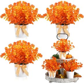 Jexine 3 Set Thanksgiving Fall Farmhouse Tiered Tray Decor Artificial Flowers Mini Potted Decor Plant Decor Items for Tiered Trays Farmhouse Artificial Plants Small Eucalyptus Decor for Home Decor