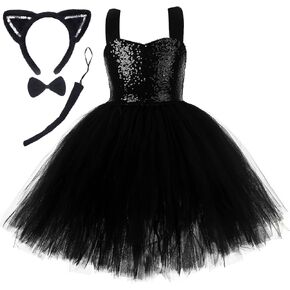 Tutu Dreams Sequin Cat Costume for Girls Kids Halloween Black Tutu Dress with Cat Headband Holiday Birthday Party