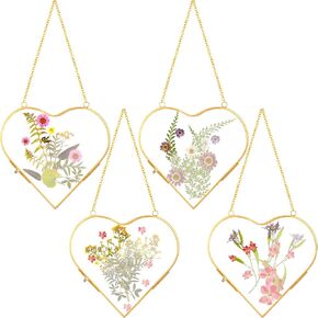 4 Pcs Glass Pressed Flower Frame Hanging Double Glass Frame for Pressed Flowers Modern Heart Picture Frames Geometric Clear Floating Frame for Home DIY Wall Decor(Gold,4 x 4 Inch)