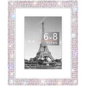 6x8 Bling Picture Frame, Display Pictures 4x6 with Mat or 6x8 Without Mat, Wall Hanging Glitter Shiny Crystal Photo Frame With Sparkle Rhinestones, Horizontally or Vertically 1 Pack