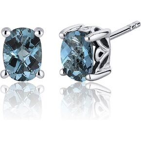 Peora London Blue Topaz Stud Earrings 925 Sterling Silver, Solitaire Scroll Gallery, Natural Gemstone, 1.50 Carats Total, Oval Shape 7x5mm, Friction Backs, December Birthstone Earrings, Blue Studs