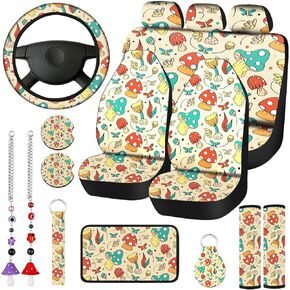 17 Pcs Mushroom Car Seat Covers Mushroom Car Accessories Full Set for Women Men Automotive Rear Front Seat Protector View Mirror Hanging Ornament Steering Wheel Belt Cover (Cool Mushroom)