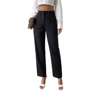 SweatyRocks Women's High Waist Pleated Straight Leg Pants Solid Zipper Long Work Trousers Pants