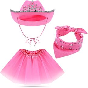 SATINIOR 3 Pcs Pink Cowgirl Hat with Bandana and Skirt Set for Girls Crown Tiara Toddler Cowboy Hat Theme Party Kids Costume(Crown, Child)
