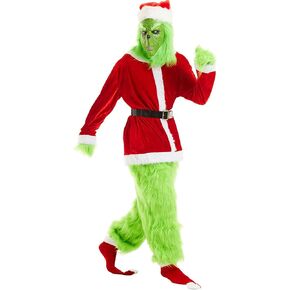 Christmas Costume for Men, Green Big Monster Adult 7PCS Deluxe Santa Suit Furry Cosplay Outfit, Xmas
