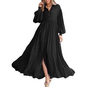 Women's Casual Pleated Long Dress Button Down Loose Fit Boho Beach Sun Dresses,XL Black