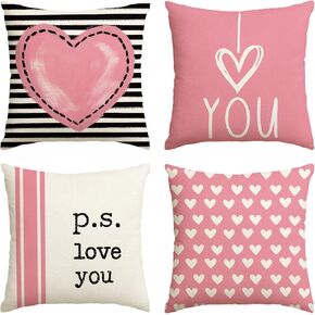 AVOIN colorlife Valentine's Day I Love You Throw Pillow Covers, 18 x 18 Inch Pink Valentine Heart Stripes p.s. Love You Wedding Cushion Case Decoration for Sofa Couch Set of 4