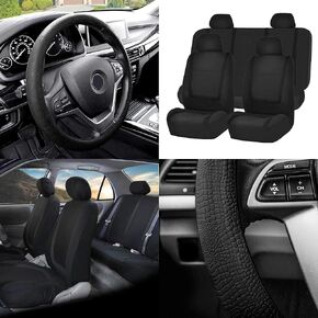 FH Group Unique Flat Cloth Full Set Car Seat Covers w. Silicone Steering Wheel Cover- Universal Fit for Most Cars, Trucks, SUVs or Vans (Black)