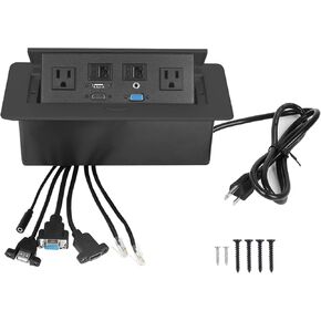 Table Pop Up Outlet, Desktop Pop Up Socket Center Countertop Socket Multimedia Strip Socket Connection Box Countertop with USB 3.0/2×AC/2×HDMI/USB-A/USB-C/LAN for Conference Desk Office (Black-3)