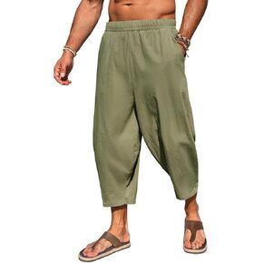 Runcati Mens Cotton Harem Capri Pants Yoga Beach Baggy 3/4 Shorts Pants Casual Elastic Waist Hippie Boho Pants