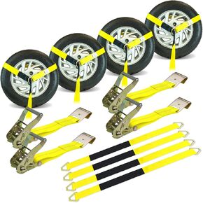 VULCAN Economy Car Tie Down Kit with 4 Lasso Straps, 4 Flat Hook Ratchets, and 4 Free 36 Inch Axle Straps - 3,300 Pound Safe Working Load