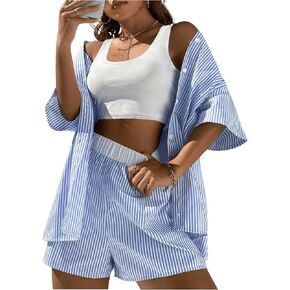 Milumia Women 3 Pieces Outfits Striped Button Down Blouses and Crop Tanks and Shorts Set