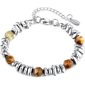 Fashion Tiger Eye Bead Bracelet Stainless Steel Geometric Stone Link Chain Bracelet