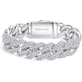 AnuClub （21.8CTTW-28.5CTTW Moissanite Cuban Link Bracelet 925 Sterling Silver Round Cut 2.3MM D Color VVS1 Moissanites Classic Iced Out Miami Bracelets for Women Men