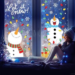 Whaline 6 Sheet Winter Window Clings Colorful Light Bulbs Snowman Snowflake Reusable Window Decals for Winter Xmas Holiday Home Office Glass Decor