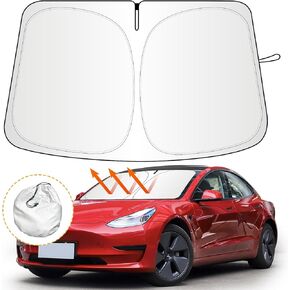 Windshield Sunshade for Tesla Model 3 Model Y 2016-2024, Folding Windshield Sun Shade with Storage Bag 240T Light Blocking Fabric, Car Shade for Front Window Sun Visor Protector, Blocks UV Rays