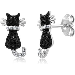 Gem Stone King 925 Sterling Silver Black and White Cubic Zirconia CZ Cat Stud Earrings For Women (0.54 Cttw, 1/2 Inch)