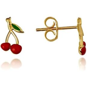 Enamel Cherry Stud Earrings Real Solid 14K Yellow Gold