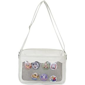 Kawaii Ita Black Crossbody Window Clear Pin Display Bag Y2K Japanese Mesh Panel Adjustable Strap PU