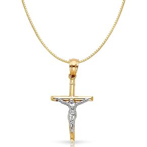 14K Two Tone Gold Jesus Crucifix Cross Religious Charm Pendant with 0.6mm Box Chain Necklace