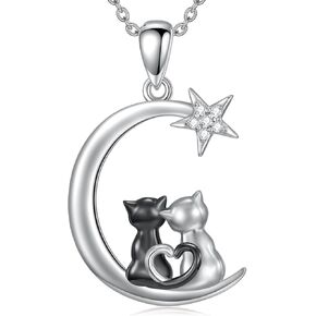 Cat Necklace for Women S925 Sterling Silver Black White Cat Diamond Pendant Necklace Birthday Christmas Mother's Day Animal Pendant Jewelry Gifts for Cat Lovers Wife Mom Sister Friend