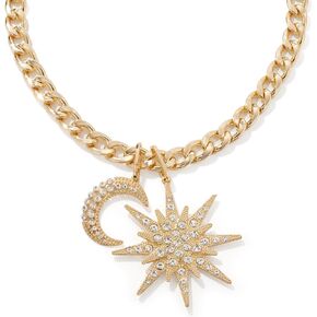 JTV Gold Plated Celestial Charm Necklace with Crystal Stars and Moons - Charm Necklace for Women - Moon Necklace for Women - Trendy Gold Necklace - Gold Charm Necklace for Summer - Pendant Necklace