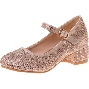 Badgley Mischka Girls Dress Shoes - Kids High Heel Flats Pumps Slip-On Block Glitter Rhinestone Sparkly Closed Toe with Strap - Black/Silver/Rosegold (Little Kid/Big Kid)