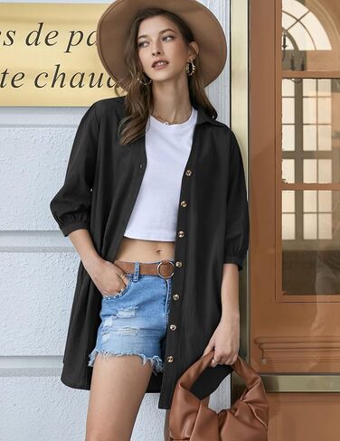 HOTOUCH Women's 3/4 Sleeve V Neck Button Down Shirt Dress Casual Cotton Linen Blouse Tops with Pocket in Saudi Arabia