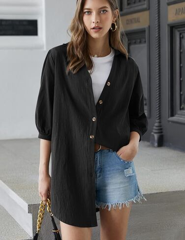 HOTOUCH Women's 3/4 Sleeve V Neck Button Down Shirt Dress Casual Cotton Linen Blouse Tops with Pocket in Saudi Arabia