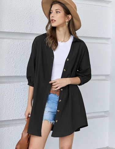 HOTOUCH Women's 3/4 Sleeve V Neck Button Down Shirt Dress Casual Cotton Linen Blouse Tops with Pocket in Saudi Arabia