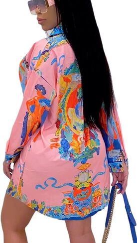 Women's Shirt Dresses Button Down Colorful Blouses Long Sleeve Floral Print Tops Loose Collar Sexy T-Shirts in Kuwait
