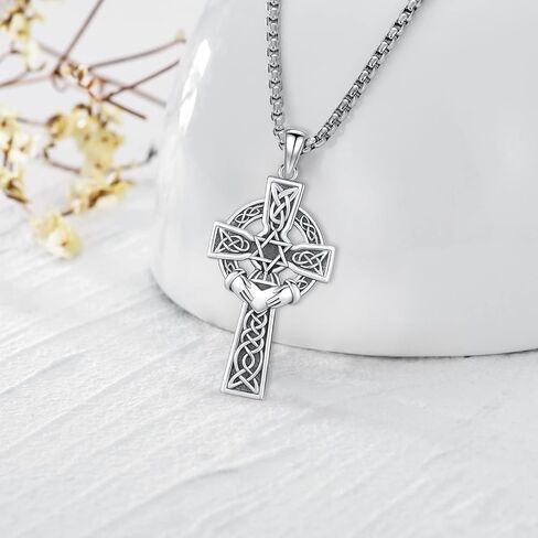 سلتيك الصليب قلادة فضة الأيرلندية عقدة Claddagh الصليب قلادة مجوهرات للرجال مع 22 "+ 2" صندوق سلسلة in Kuwait
