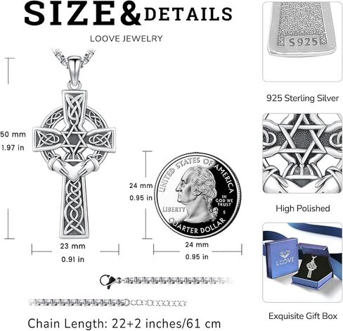 سلتيك الصليب قلادة فضة الأيرلندية عقدة Claddagh الصليب قلادة مجوهرات للرجال مع 22 "+ 2" صندوق سلسلة in Kuwait